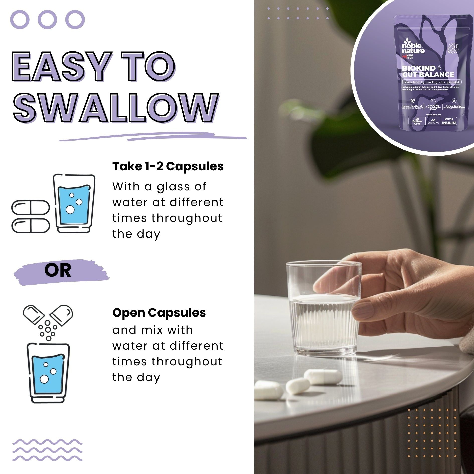 Biokind Probiotics Gut Balance – 15 Strains 40 Billion CFU Vitamin C and Inulin