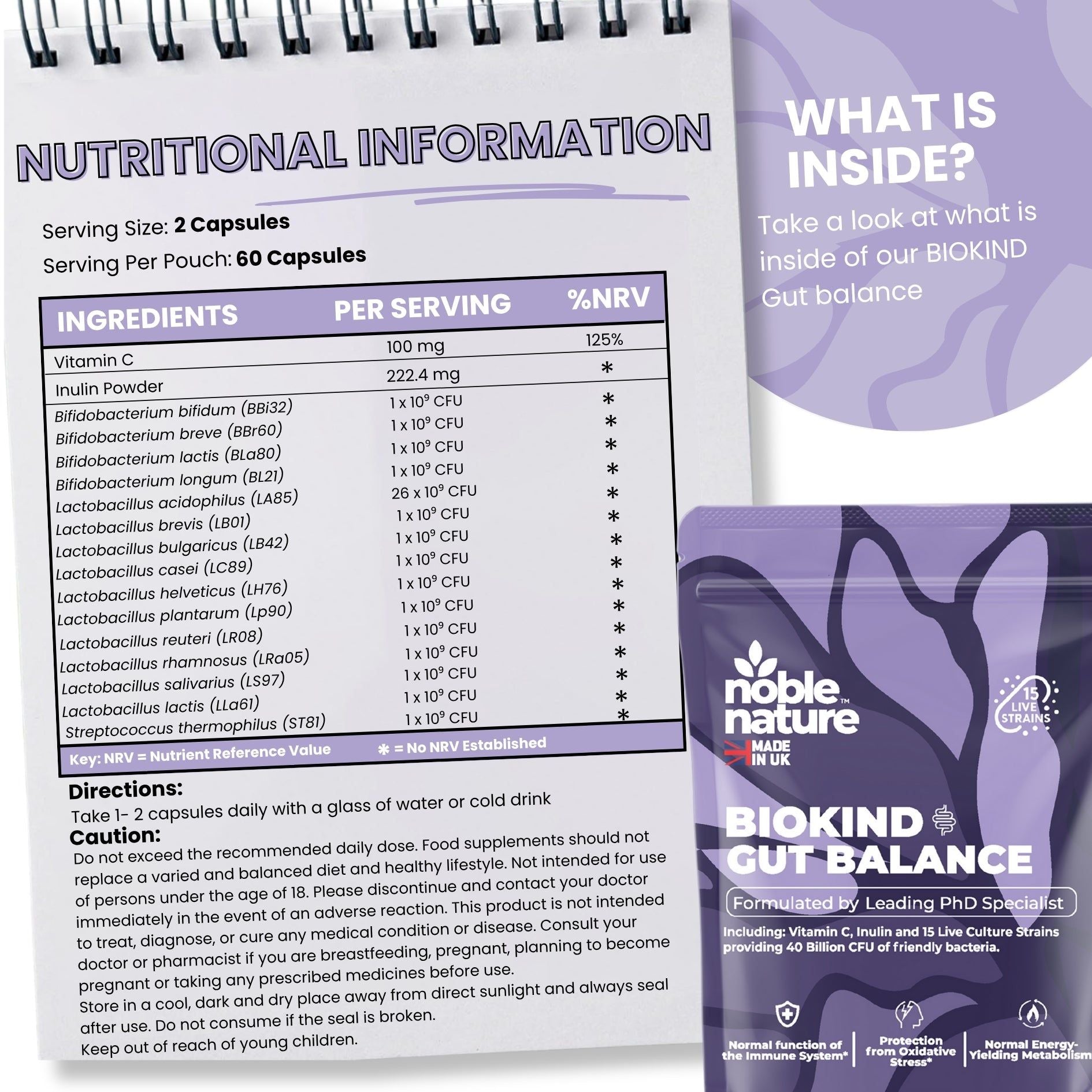 Biokind Probiotics Gut Balance – 15 Strains 40 Billion CFU Vitamin C and Inulin