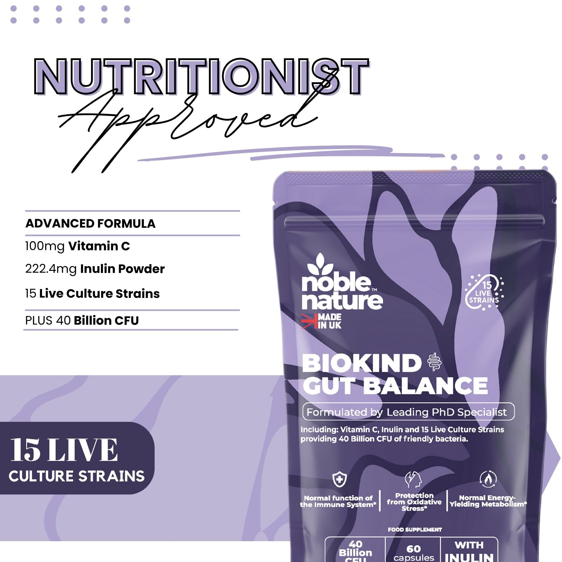 Biokind Probiotics Gut Balance – 15 Strains 40 Billion CFU Vitamin C and Inulin