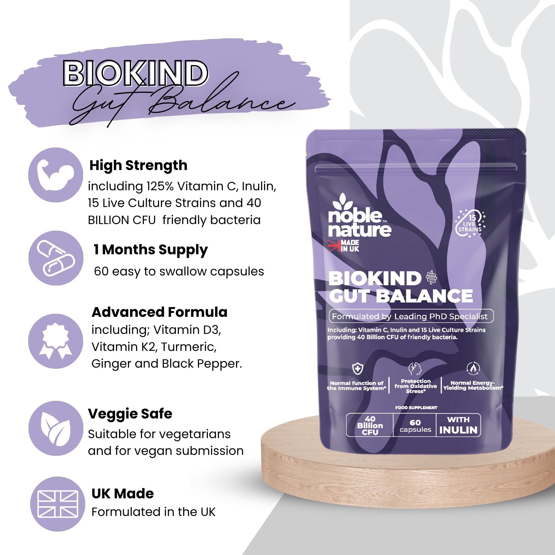 Biokind Probiotics Gut Balance – 15 Strains 40 Billion CFU Vitamin C and Inulin