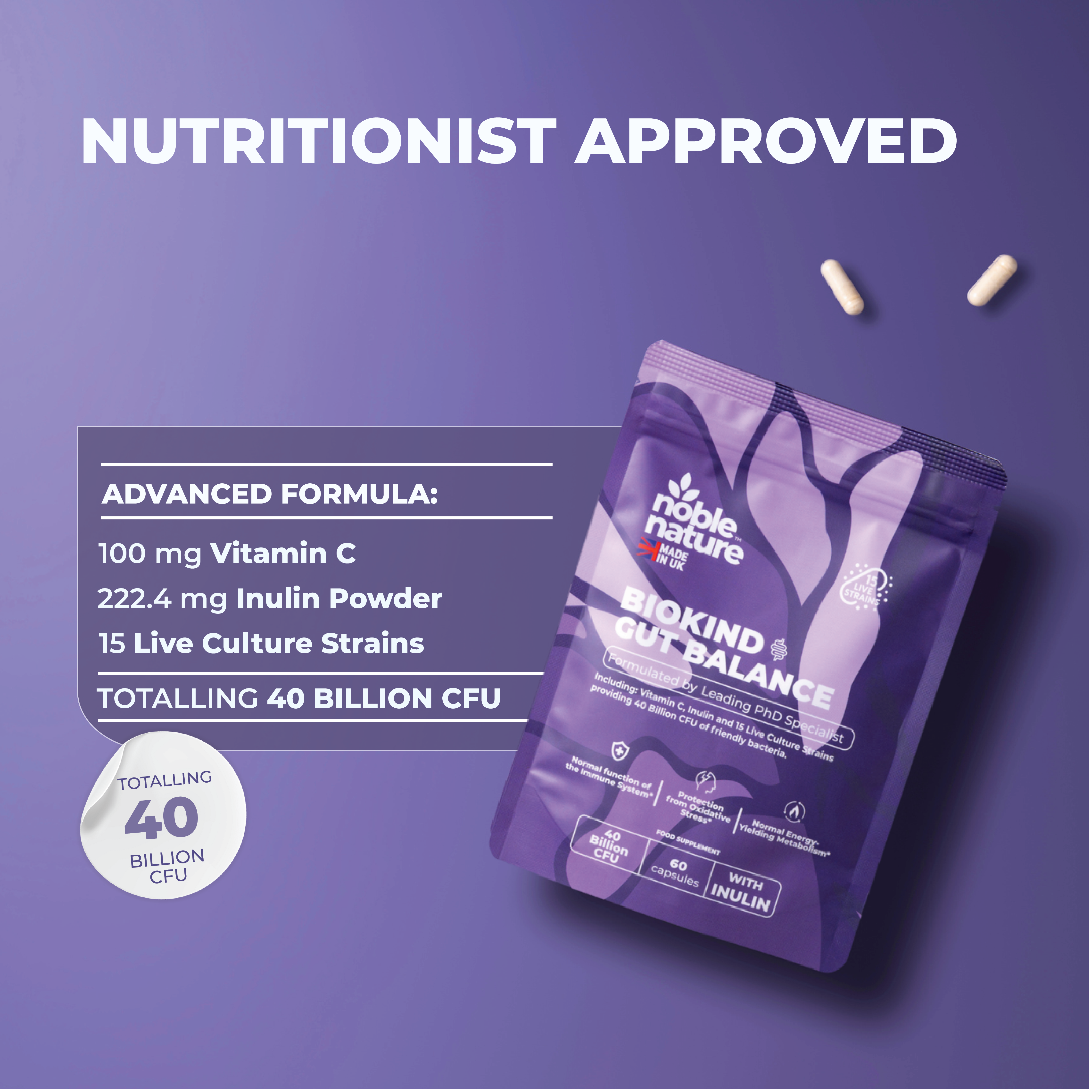 Biokind Probiotics Gut Balance – 15 Strains 40 Billion CFU Vitamin C and Inulin