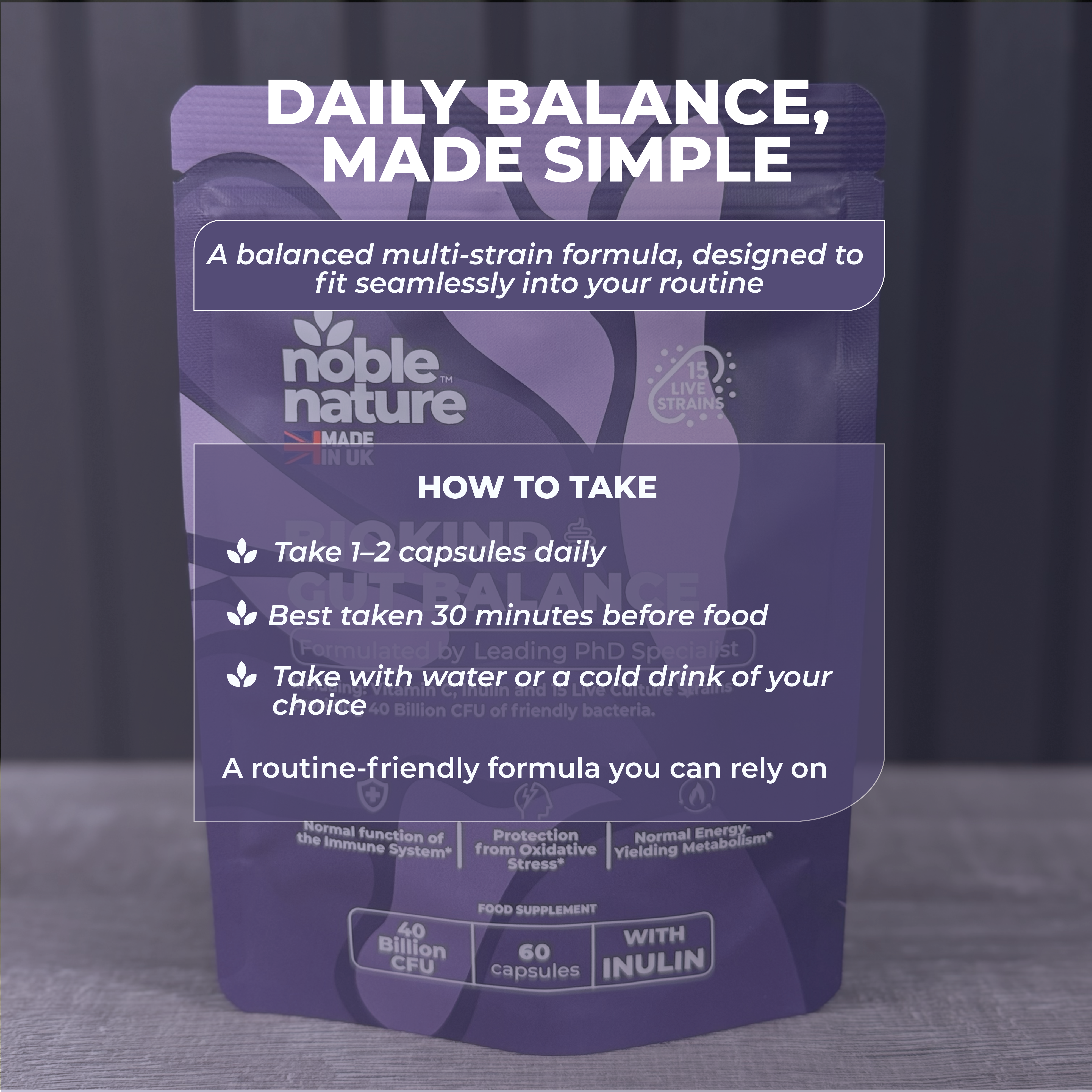 Biokind Probiotics Gut Balance – 15 Strains 40 Billion CFU Vitamin C and Inulin