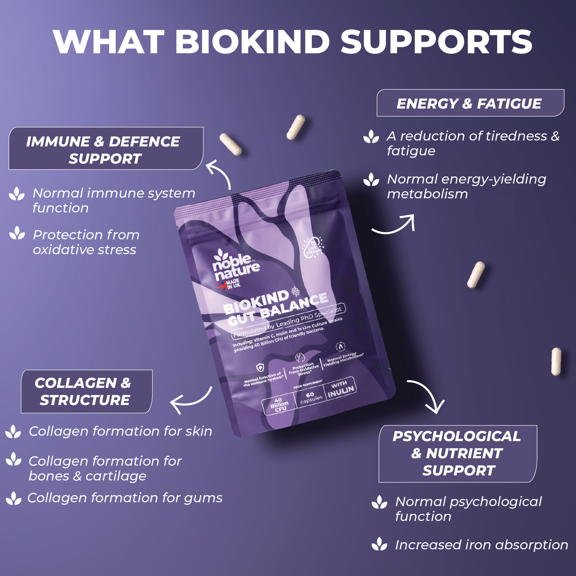 Biokind Probiotics Gut Balance – 15 Strains 40 Billion CFU Vitamin C and Inulin