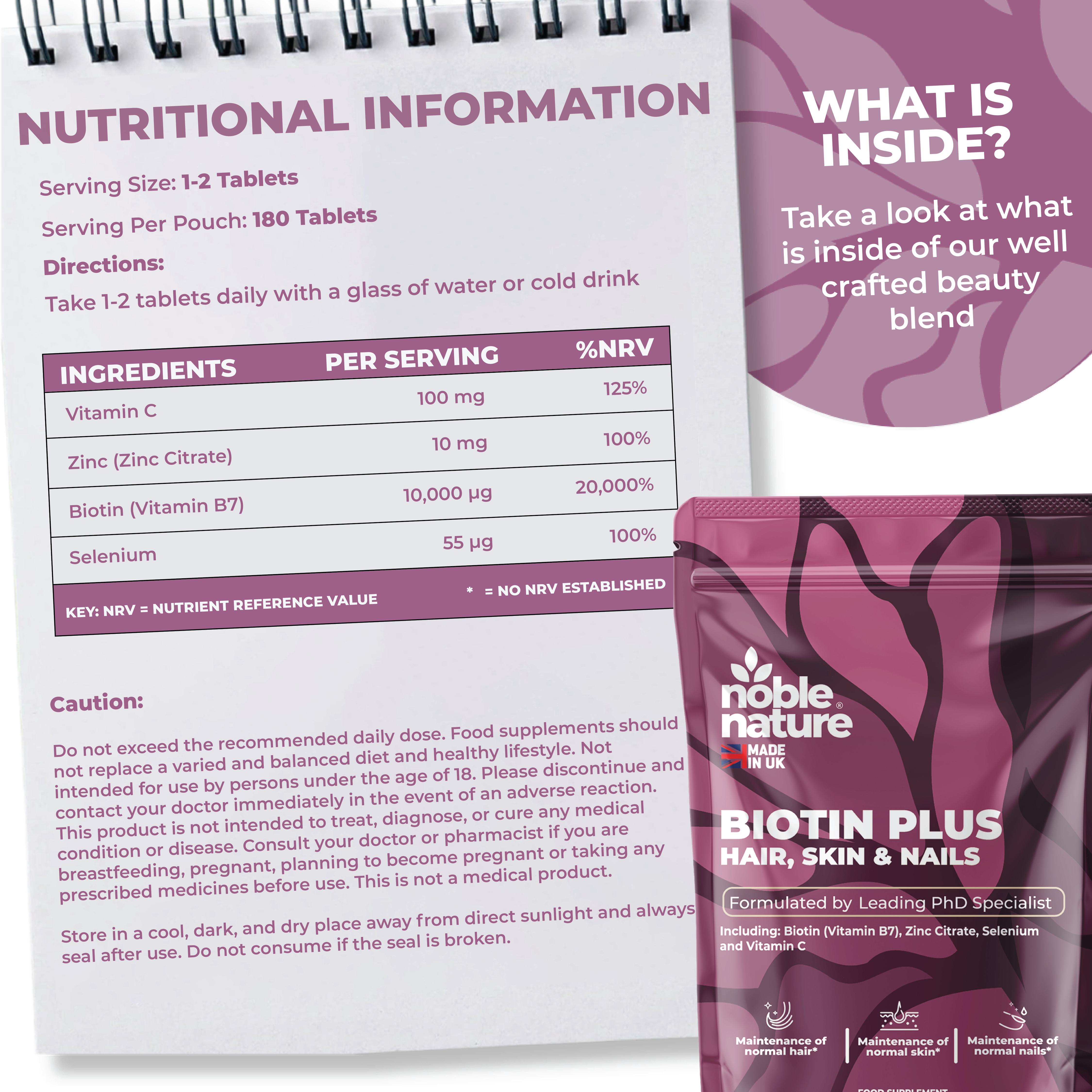 BIOTIN PLUS with Vitamin C, Zinc & Selenium 180 Tablets High Strength