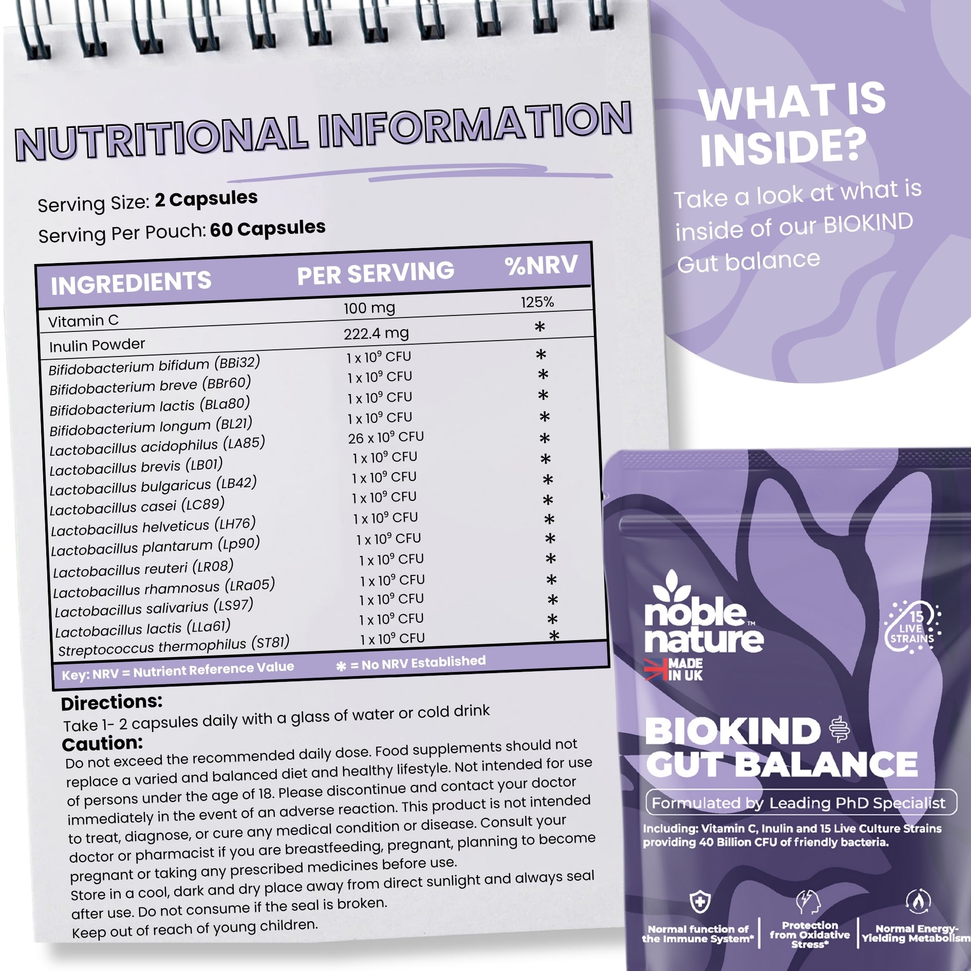 Biokind Probiotics Gut Balance – 15 Strains 40 Billion CFU Vitamin C and Inulin