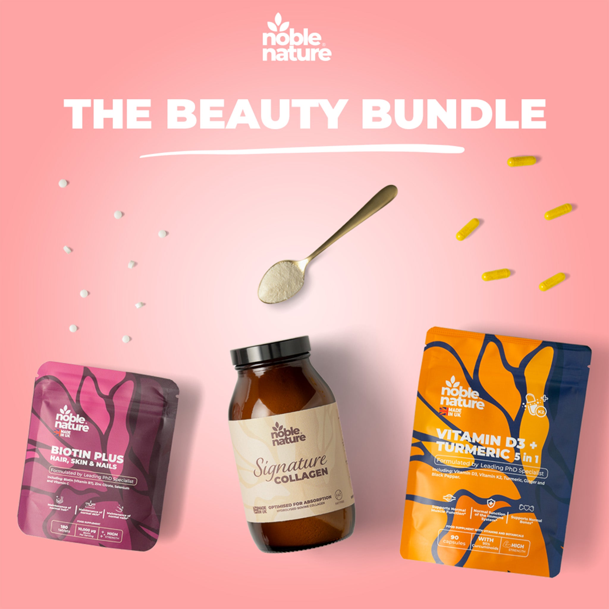 NobleNature | Beauty from Within Bundle - Biotin Plus, Hydrolyzed Ultra Pure Collagen & D3K2