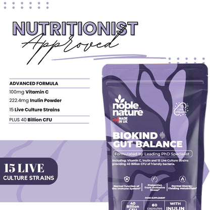 Biokind Probiotics Gut Balance – 15 Strains 40 Billion CFU Vitamin C and Inulin