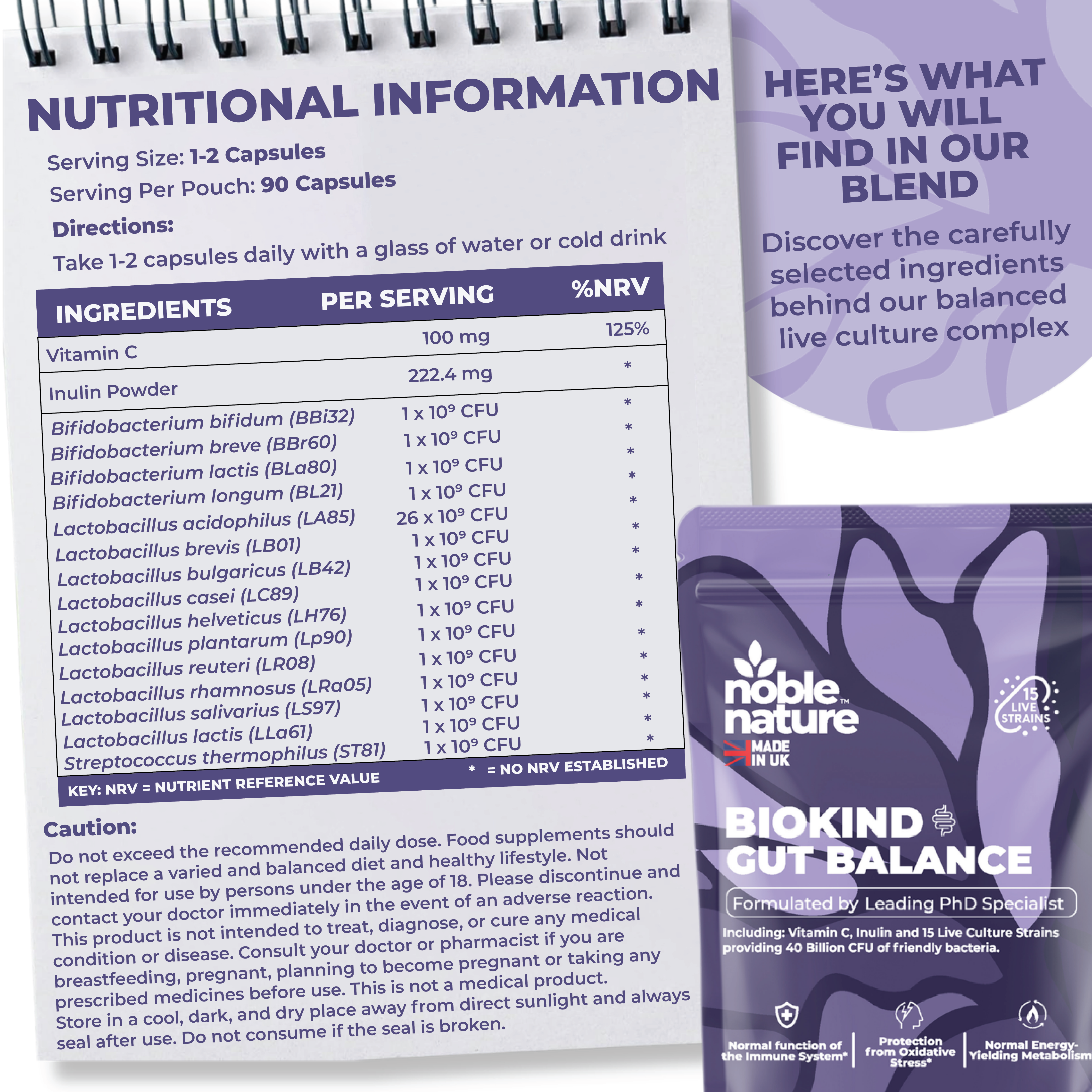 Biokind Probiotics Gut Balance – 15 Strains 40 Billion CFU Vitamin C and Inulin