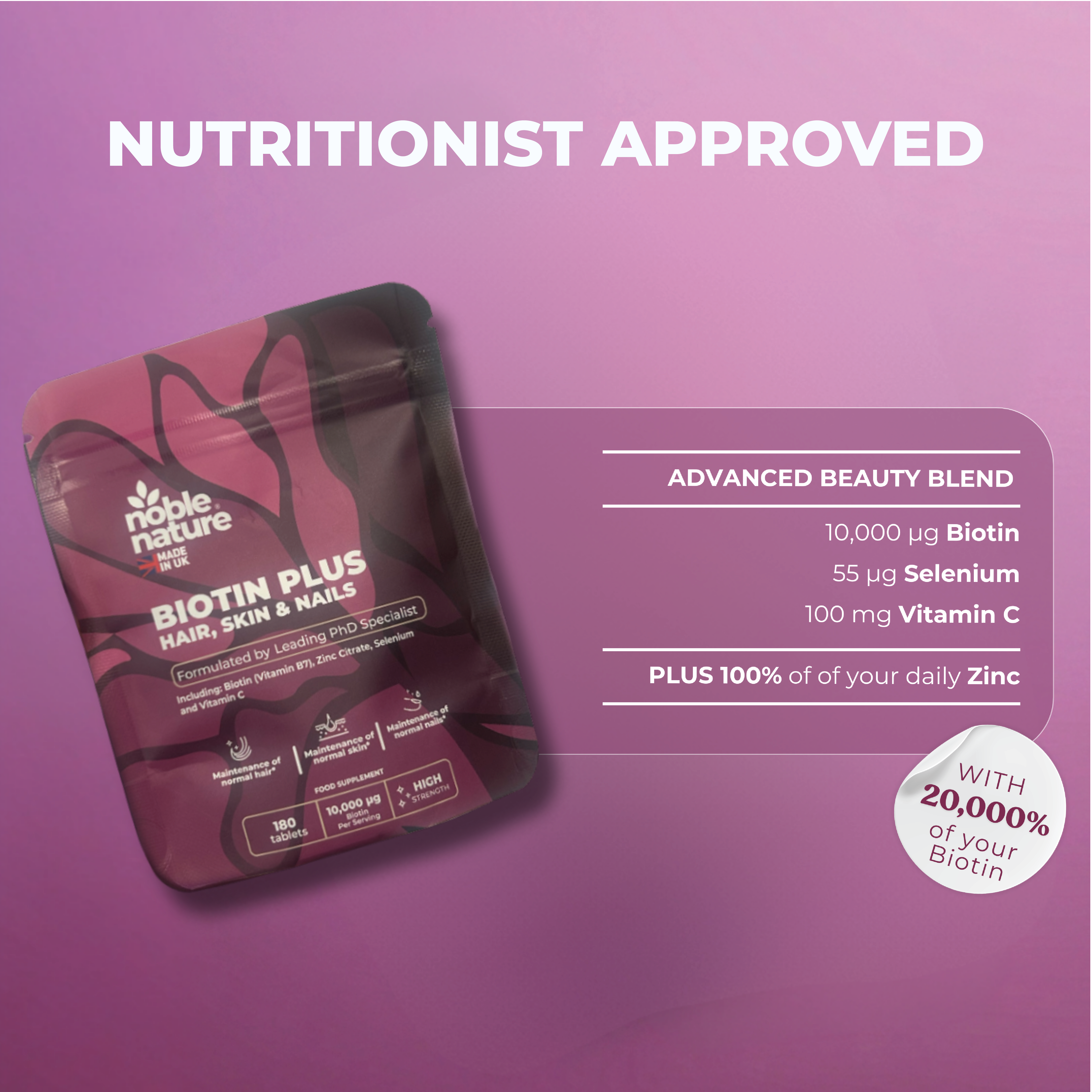 BIOTIN PLUS with Vitamin C, Zinc & Selenium 180 Tablets High Strength